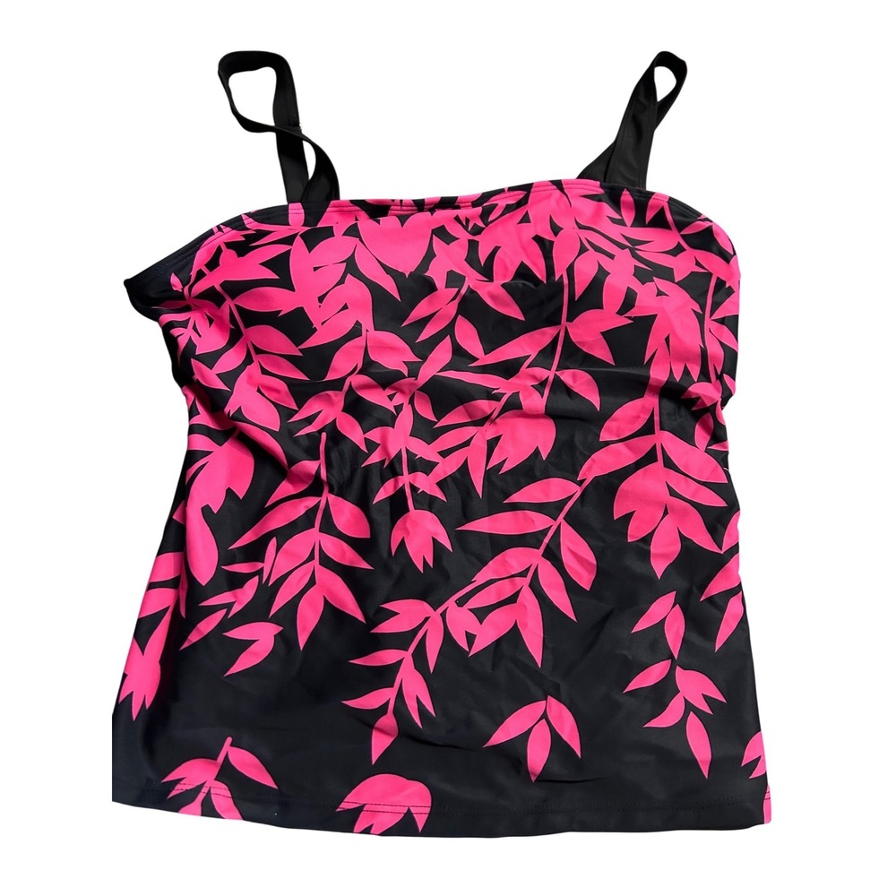 Pink Tropical Leaf Print Tankini Swim Top Black Floral Adjustable Straps XL